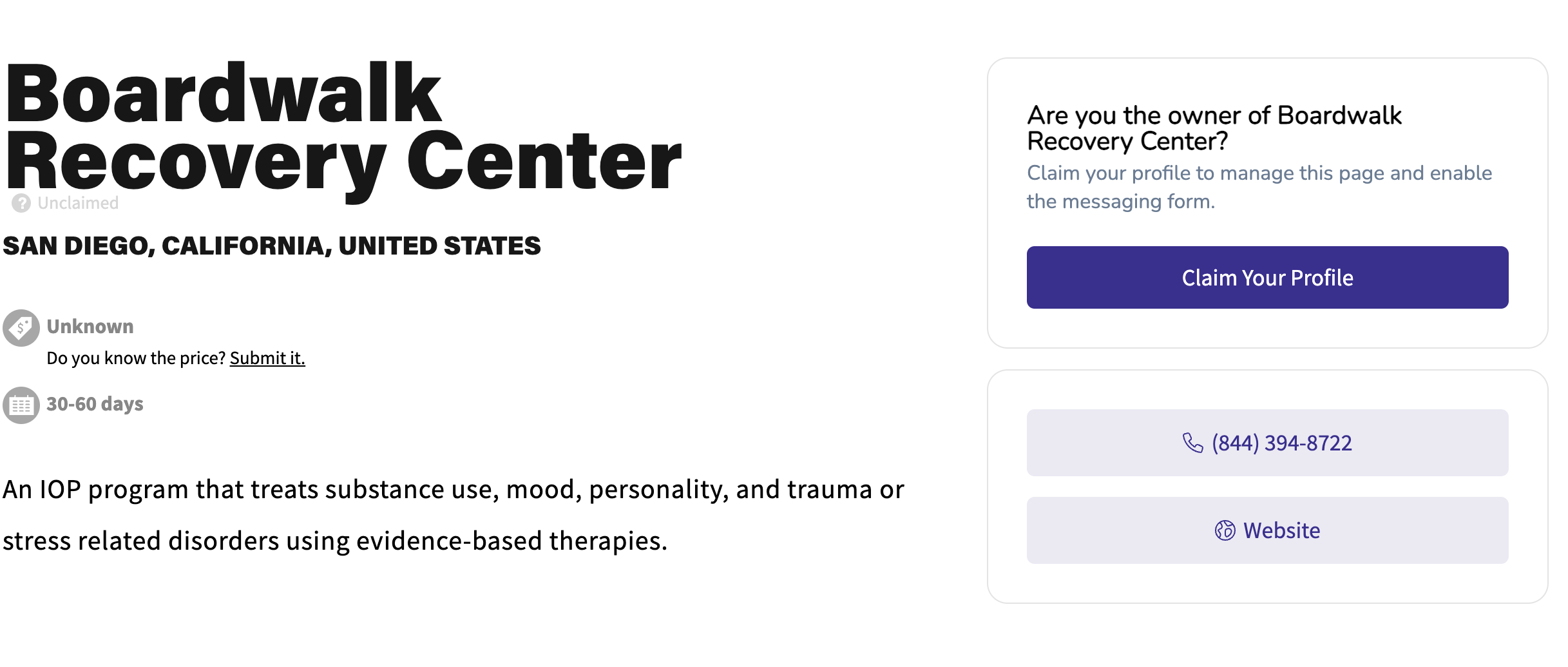Profile page showing an unclaimed provider listing